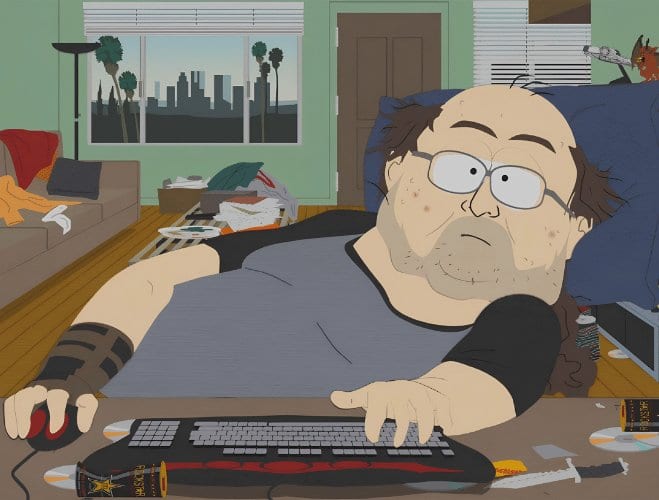 Stereotypical basement PC nerd at a keyboard